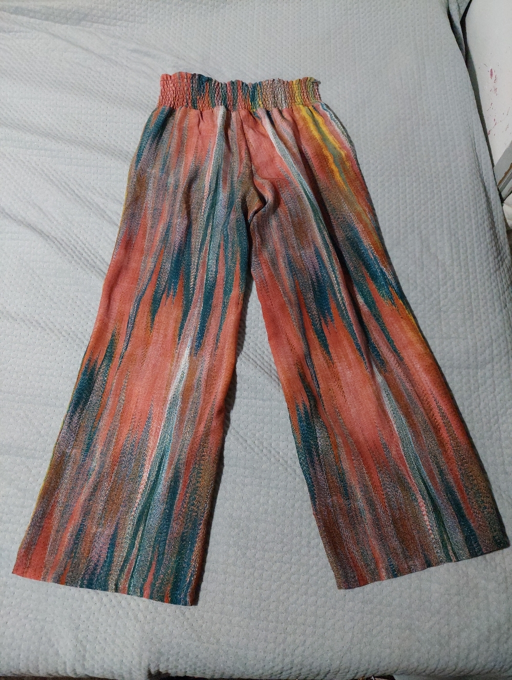 C Est 1946 Smocked-Waist Wide-Leg Pants in Coral & Teal Multicolor
